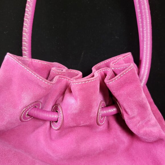 👜 Donald J Pliner Pink Faux Suede Drawstring Shoulder Bag - Picture 8 of 15